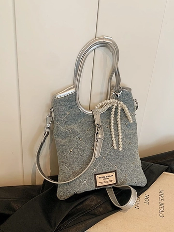 Women Denim Tote Bag Artificial Pearl Bow Rhombus Quilted Rhinestone Shoulder Crossbody Bag With Silver Handle Korean Fashion Handbag