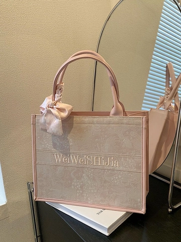 Sac Cabas Femme Jacquard Broderie Florale Grande Capacité Avec Poignée en Soie à Nœud Élégant Sac à Main de Travail Décontracté