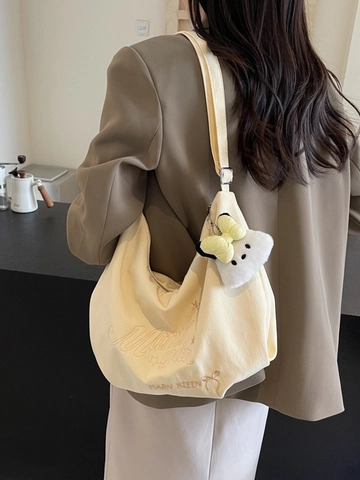 Borsa a Spalla da Donna in Tela ad Alta Capacità Con Ricamo a Lettere Borsa a Mezzaluna Casual per Scuola e Uso Quotidiano