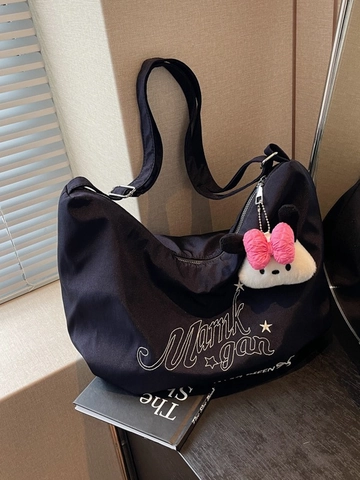 Borsa a Spalla da Donna in Tela ad Alta Capacità Con Ricamo a Lettere Borsa a Mezzaluna Casual per Scuola e Uso Quotidiano