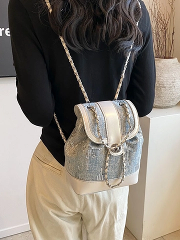 Zaino da Donna in Denim con Paillettes in Stile Coreano Borsa a Secchiello a Contrasto Mini Zainetto con Catena