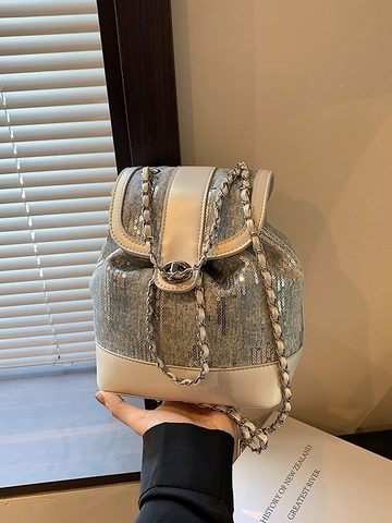 Zaino da Donna in Denim con Paillettes in Stile Coreano Borsa a Secchiello a Contrasto Mini Zainetto con Catena