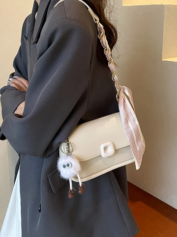 Sac à Bandoulière Vintage en Cuir PU pour Femmes Petit Sac Carré Avec Poignée en Foulard Et Pendentif Monstre en Peluche