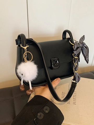 Sac à Bandoulière Vintage en Cuir PU pour Femmes Petit Sac Carré Avec Poignée en Foulard Et Pendentif Monstre en Peluche