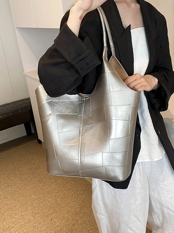 Bolso Tote de Gran Capacidad de Cuero PU Patchwork Geométrico Hombro Compras Casual Minimalista Bolso de Mano para Mujeres