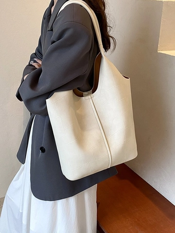 Bolso Tote de Gran Capacidad de Cuero PU Patchwork Geométrico Hombro Compras Casual Minimalista Bolso de Mano para Mujeres