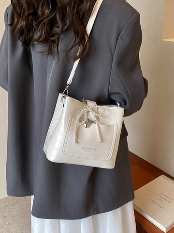 Women's Fashion Metallic Bucket Bag Small Crossbody PU Leather Shoulder Bag With Artificial Pearl Bowknot And Heart Pendant For Daily Style