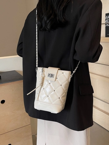 Bolso Bombonera Acolchado de Moda para Mujer Bolso Bandolera con Cadena y Remaches Bolso de Hombro de Cuero PU para Uso Diario