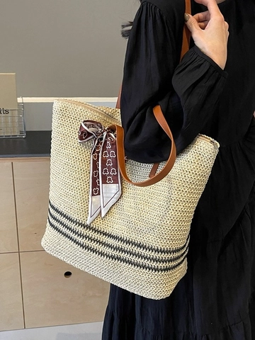 Bolso Tote de Paja Tejida para Mujer Gran Capacidad Rayas Bolso de Playa Pañuelo Satén Correas de Cuero PU Verano