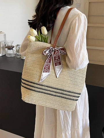 Bolso Tote de Paja Tejida para Mujer Gran Capacidad Rayas Bolso de Playa Pañuelo Satén Correas de Cuero PU Verano