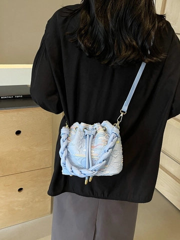 Women Fashion Canvas Bucket Bag With Colorful Embroidery Braided Handle Drawstring Crossbody Bag Elegant Shoulder Bag