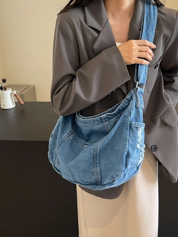 Borsa a Tracolla da Donna in Denim a Grande Capacità Invecchiata Bordo Sfrangiato Vintage Hobo Bag Dumpling Bag per Pendolari