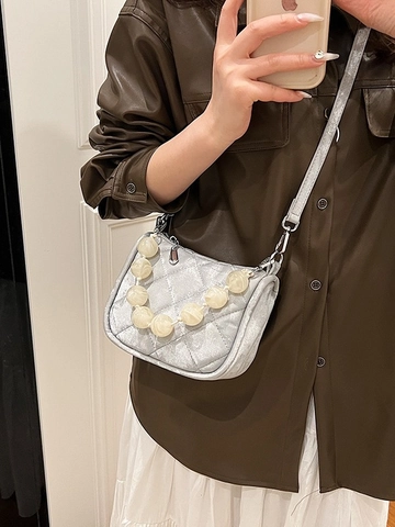 Quilted Rhombic Small Square Bag For Women Summer Beaded Pearl Handle PU Leather Crossbody Handbag Shoulder Bag