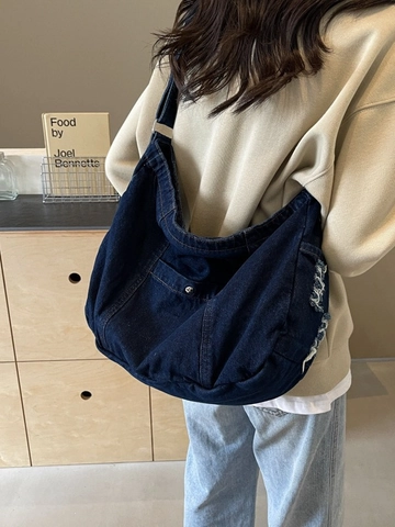 Borsa a Tracolla da Donna in Denim a Grande Capacità Invecchiata Bordo Sfrangiato Vintage Hobo Bag Dumpling Bag per Pendolari