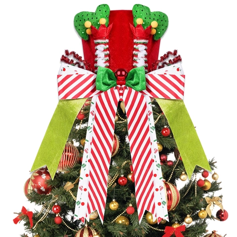 Festive Christmas Tree Topper Hat Plush Elf Hat With Legs And Large Bow Red Green Striped Holiday Home Party Decoration