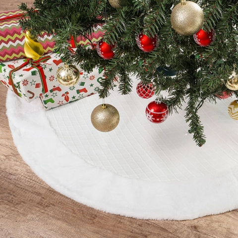 Falda de Árbol de Navidad Blanca Con Borde de Piel Sintética Patrón Acolchado de Diamantes Decoración de Suelo para Fiestas Navideñas