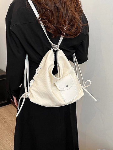 Damen Fashion Rucksack Große Kapazität PU Leder Fischgrätenmuster Schultertasche Mit Seitlichem Kordelzug Schleife Lässige Reisetasche