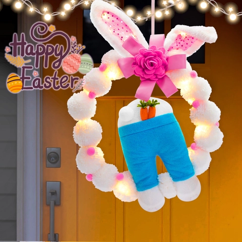 Corona de Conejo de Pascua LED Luminosa Peluche Oreja de Conejo Decoración Colgante Para Puerta Pared Ventana Fiesta Hogar