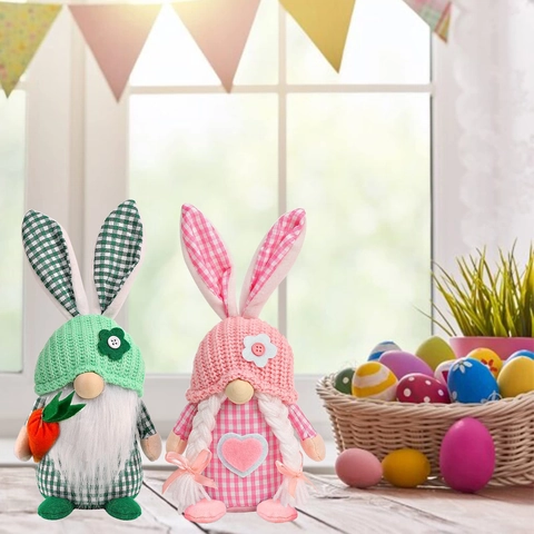 Easter Faceless Gnome Bunny Ears Plaid Knitted Plush Doll Ornament Spring Home Decor Holding Carrot Heart Tomte