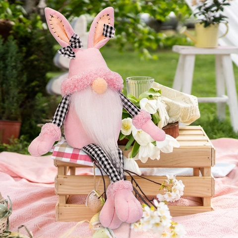 Decorazione Gnomo Pasquale di Peluche Rosa Gambe Lunghe Bambola di Coniglio Seduta Con Dettagli a Quadri per Casa Festa di Pasqua Regalo