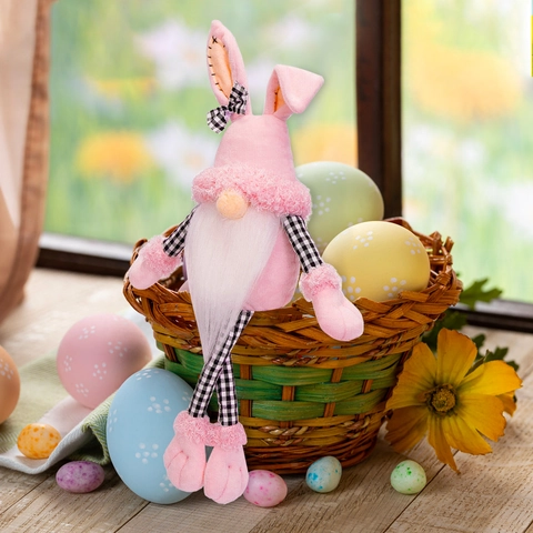 Decorazione Gnomo Pasquale di Peluche Rosa Gambe Lunghe Bambola di Coniglio Seduta Con Dettagli a Quadri per Casa Festa di Pasqua Regalo