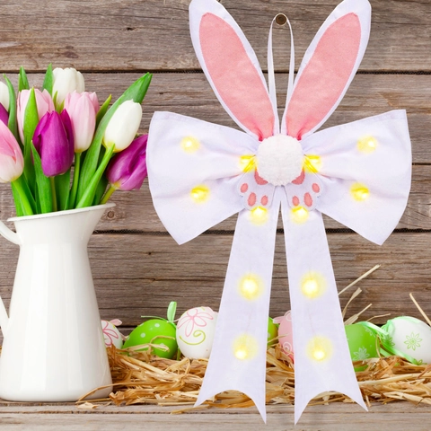 Pasen Lichtgevende Konijnenoren Strik Hangende Decoratie Stof LED Licht Deur Raam Ornament Voor Lente Feest Decoratie