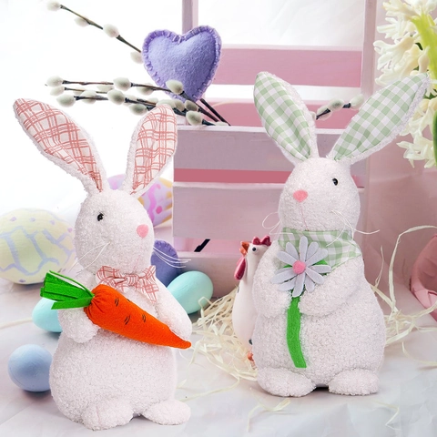 Easter Standing Bunny Plush Toy White Curly Plush Rabbit With Carrot Flower Plaid Bow Decorative Party Home Ornament Gift