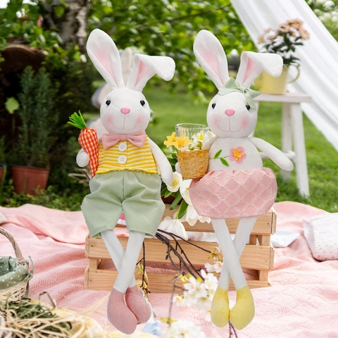 Lindo Conejo De Pascua Muñeca Peluche Piernas Largas Decoración Con Zanahoria Cesta De Flores Ornamento Primavera Para Hogar Fiesta Regalo