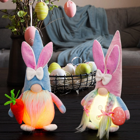 Pasen Gloeiende Kabouter Pluche Pop LED Oplichtende Konijnenoren Gezichtsloze Gonk Met Wortel Ei Ornamenten Voor Huis Feest Decoratie
