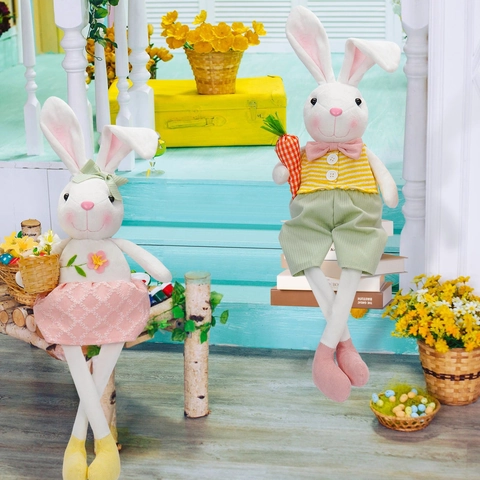 Lindo Conejo De Pascua Muñeca Peluche Piernas Largas Decoración Con Zanahoria Cesta De Flores Ornamento Primavera Para Hogar Fiesta Regalo