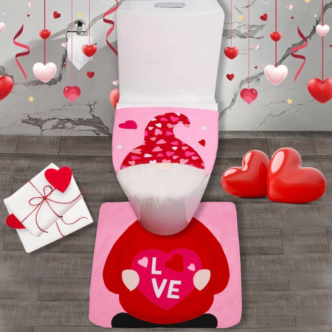 Set Copriwater e Tappeto Gnomo di San Valentino Rosa Rosso Cuore Amore Decorazioni per il Bagno Antiscivolo Lavabile