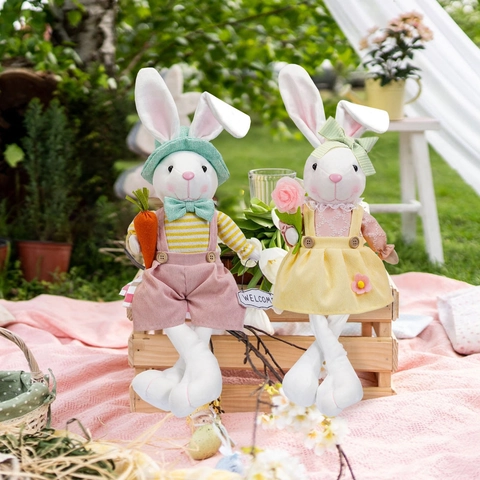 Adorno de Muñeco de Peluche de Conejo de Pascua Con Zanahoria Flor Letrero Welcome Juguete de Conejo de Piernas Largas