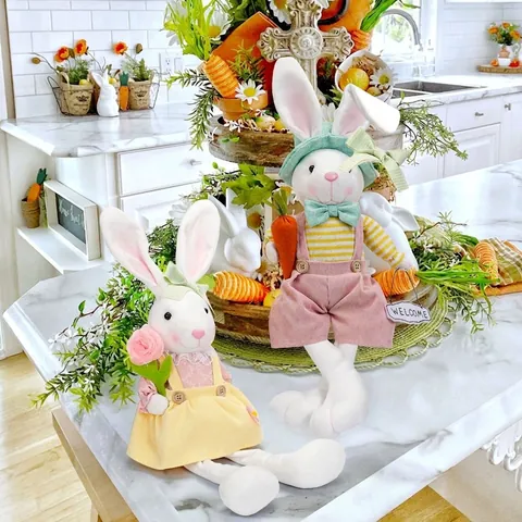 Adorno de Muñeco de Peluche de Conejo de Pascua Con Zanahoria Flor Letrero Welcome Juguete de Conejo de Piernas Largas
