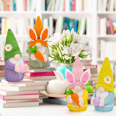 Easter Gnome Plush Faceless Dwarf With Rabbit Ears Holding Carrot Egg Spring Tabletop Ornament Festival Home Decor