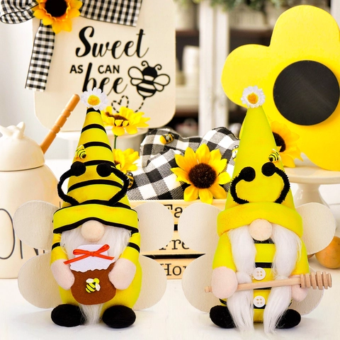 Gnome Bourdon en Peluche Fait Main Tournesol Pot de Miel Poupée Sans Visage Pour Plateau à Étages de Printemps Décoration de Table Cadeau