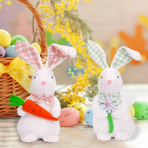 Easter Standing Bunny Plush Toy White Curly Plush Rabbit With Carrot Flower Plaid Bow Decorative Party Home Ornament Gift