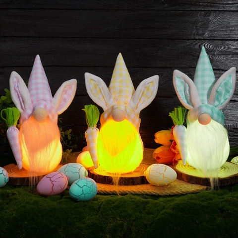 Gnomo di Pasqua Peluche Decorativo Con Orecchie di Coniglio Carote Luce LED Luminoso Fantasia a Scacchi Bambola senza Volto Ornamento