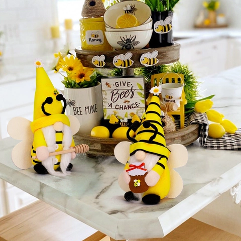 Gnome Bourdon en Peluche Fait Main Tournesol Pot de Miel Poupée Sans Visage Pour Plateau à Étages de Printemps Décoration de Table Cadeau