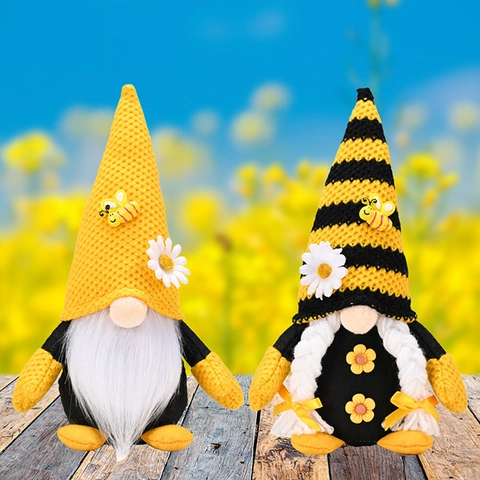 Handmade Bumblebee Gnome Plush Faceless Doll Nordic Knitted Fabric Bee Daisy Ornament For Spring Home Party Table Decor