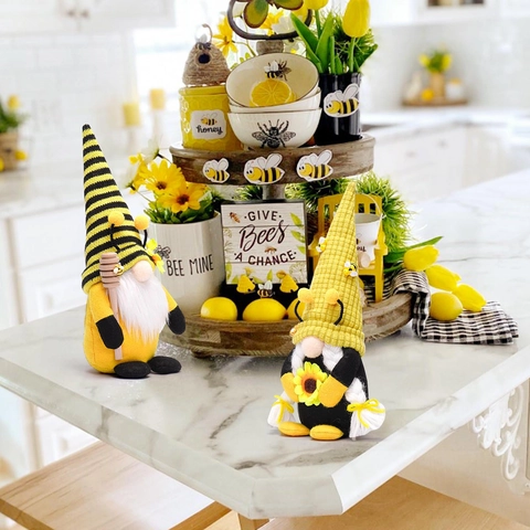 Bee Day Gnome Sunflower Faceless Doll Ornament Handmade Plush Spring Bee Festival Bumblebee Gonk For Home Table Decor Gift
