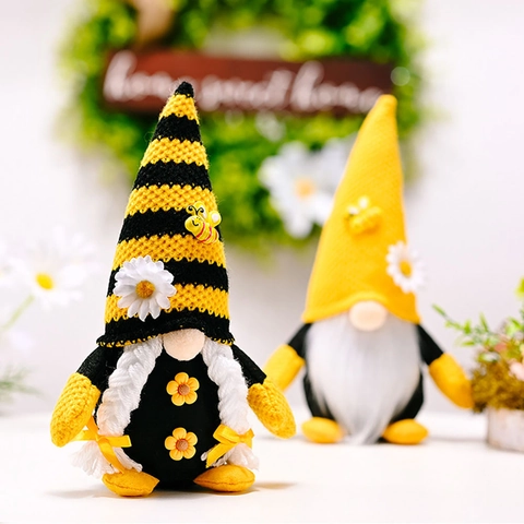 Handmade Bumblebee Gnome Plush Faceless Doll Nordic Knitted Fabric Bee Daisy Ornament For Spring Home Party Table Decor