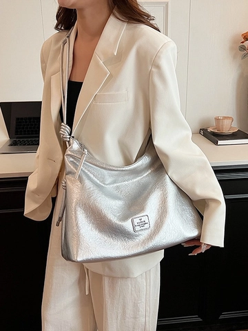 Women Large Capacity PU Leather Tote Bag Fashion Metallic Knotted Shoulder Bag Commuting School Hobo Bag Soft Shopper Bag