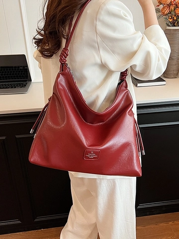 Women Large Capacity PU Leather Tote Bag Fashion Metallic Knotted Shoulder Bag Commuting School Hobo Bag Soft Shopper Bag