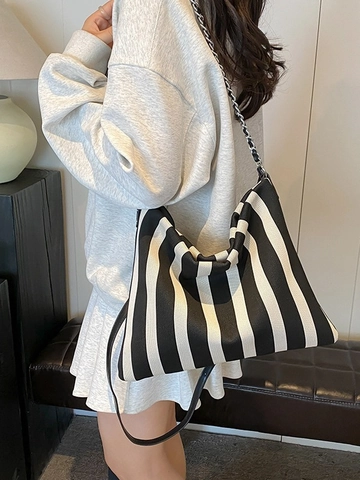 Borsa a Tracolla in Tela a Righe da Donna Grande Capacità Borsa Sotto l'Ascella Con Catena in Metallo Borsa Hobo Casual