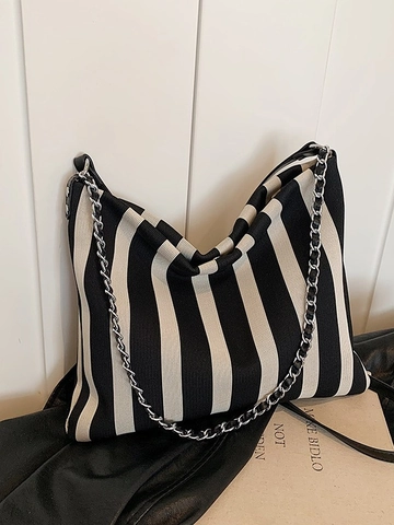 Borsa a Tracolla in Tela a Righe da Donna Grande Capacità Borsa Sotto l'Ascella Con Catena in Metallo Borsa Hobo Casual