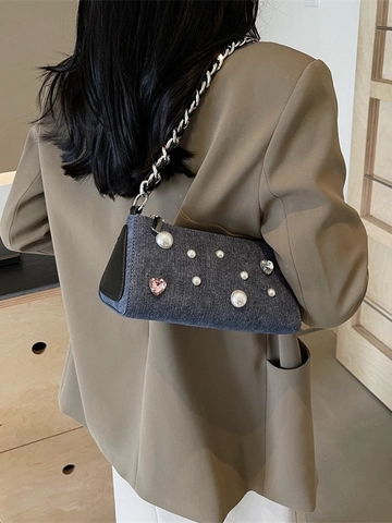 Borsa a Tracolla in Denim Vintage Donna Perla Artificial Strass Cuore Catena Sottoascella Moda Casual Streetwear Borsa Baguette