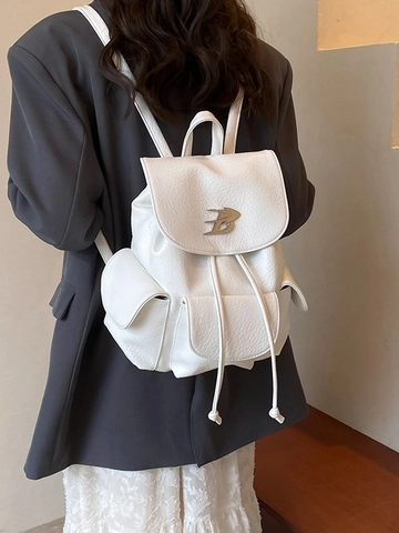 Women Fashion PU Leather Backpack Large Capacity Lychee Grain Letter B Metal Logo Drawstring Flap School Bag For Travel Daily Casual
