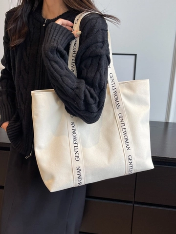 Women Large Capacity Canvas Tote Bag Letter Print Shoulder Handbag For Daily Commuting Casual Street Fashion Style
