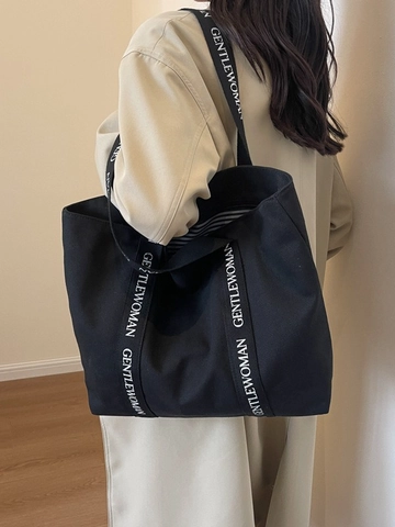 Women Large Capacity Canvas Tote Bag Letter Print Shoulder Handbag For Daily Commuting Casual Street Fashion Style
