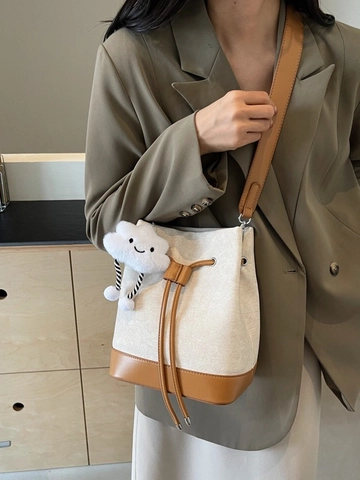 Fashion Women Denim PU Leather Splicing Bucket Bag Casual Drawstring Shoulder Crossbody Bag With Cloud Plush Pendant